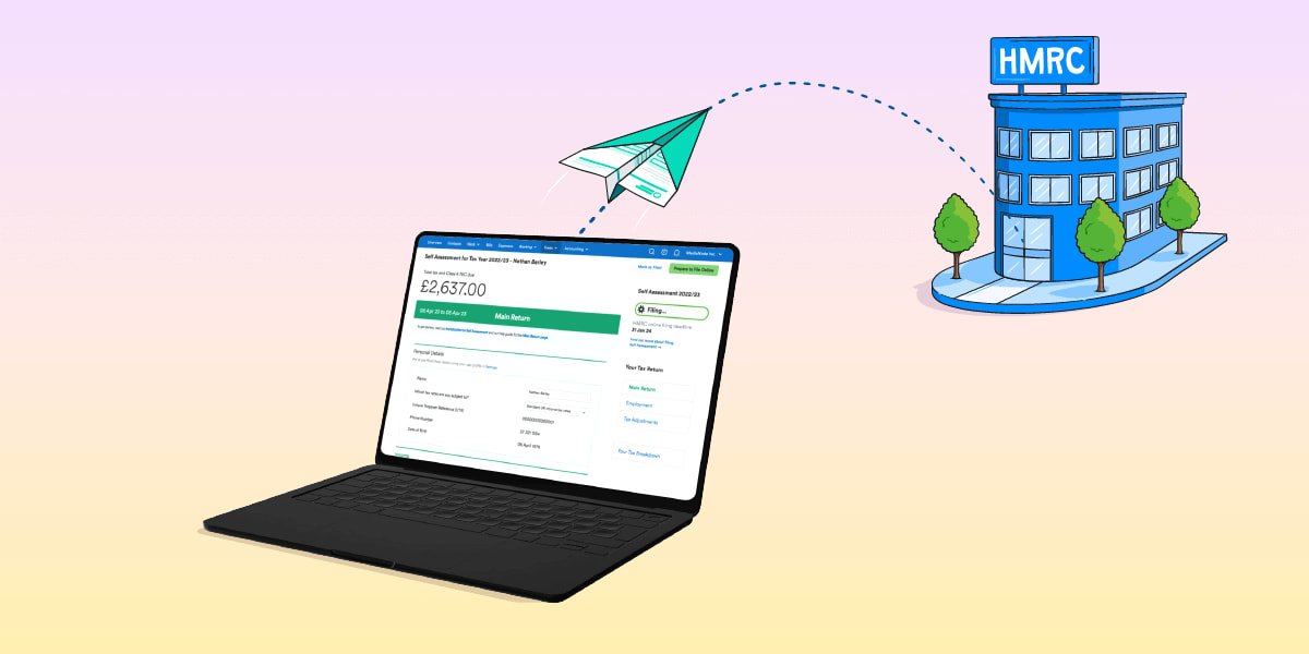 An illustration of a paper plane flying to the HMRC offices from a laptop's FreeAgent Self Assessment page