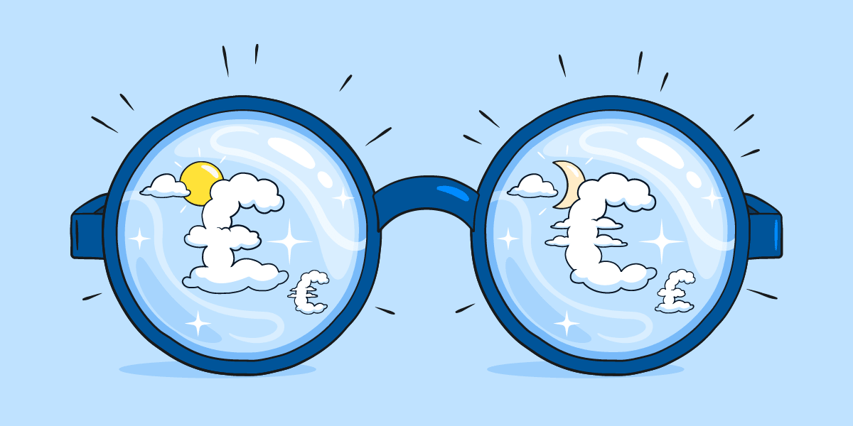 Illustrated glasses showing a clear cashflow forecast made of clouds.