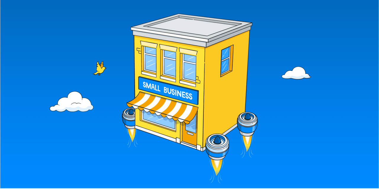 Illustration of a small business's building with rockets attached, flying through the sky.