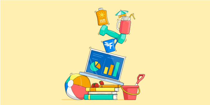 A stack of precariously balanced summer-themed objects including a beach ball, a laptop and a sunscreen bottle.