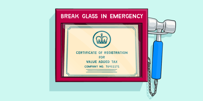 Illustration of a box labeled 'break glass in emergency' with a VAT certificate within it.